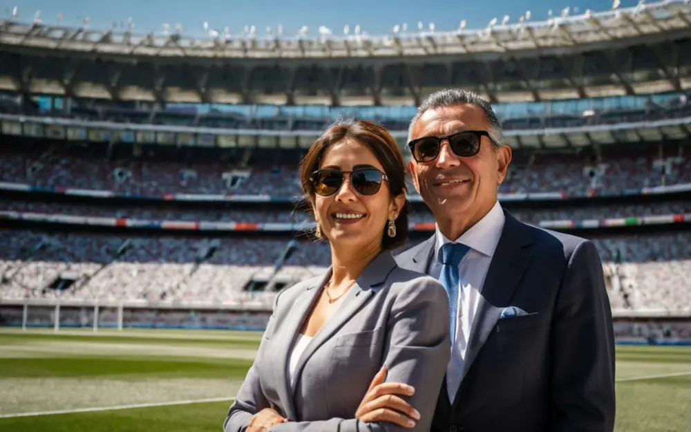 A couple from Mexico inside Santiago Bernabeu Stadium wonders how to pay less taxes in Spain thanks to Mbappé Law approved by the Community of Madrid.