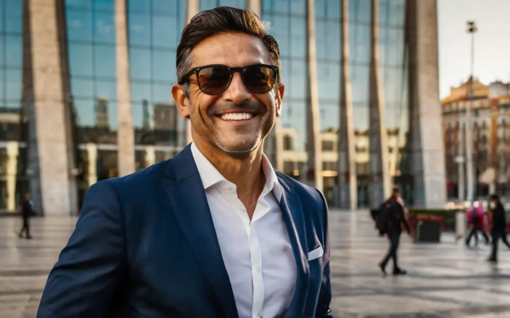 Hombre de negocios sonriente con traje frente a edificio moderno, representando la Ley Beckham en 2024 en España.