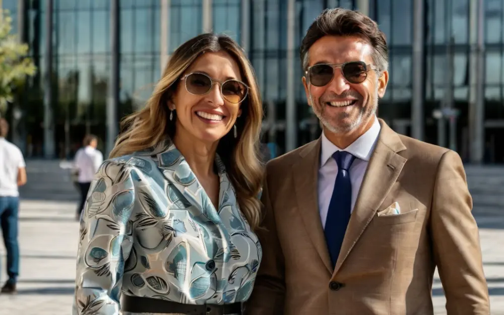 Pareja sonriente frente a edificio moderno, representando los requisitos de la Ley Beckham en España.