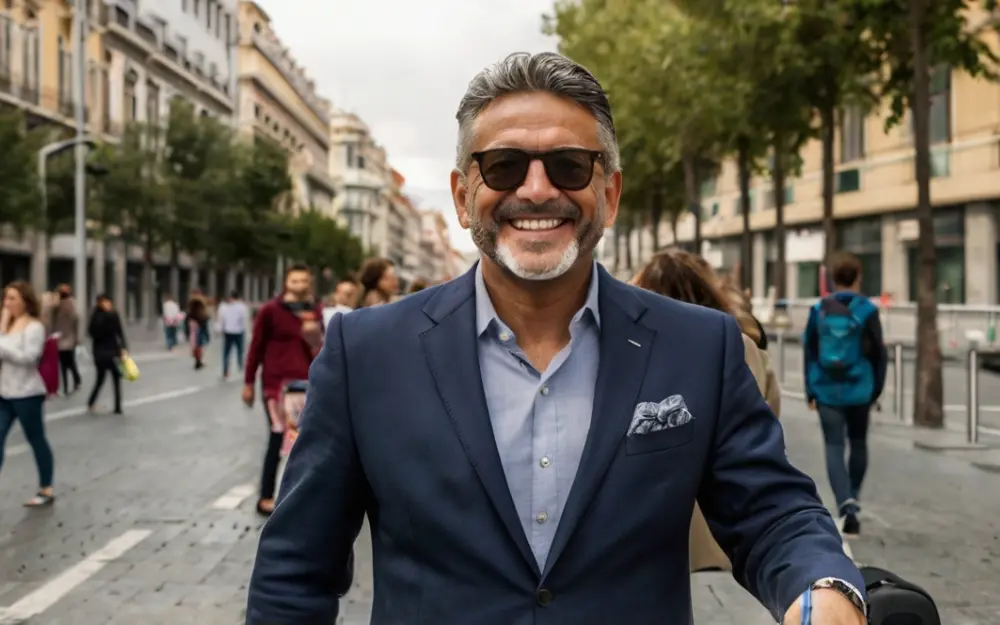 Hombre sonriente caminando por la ciudad, representando los beneficios de la nueva Ley Beckham en España.