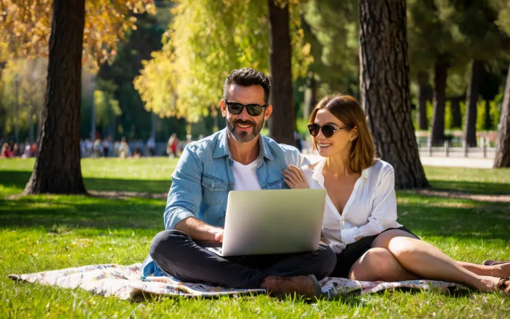 A couple wondering how to obtain a digital nomad visa in Spain this 2024 in El Retiro park of Madrid in a sunny day.