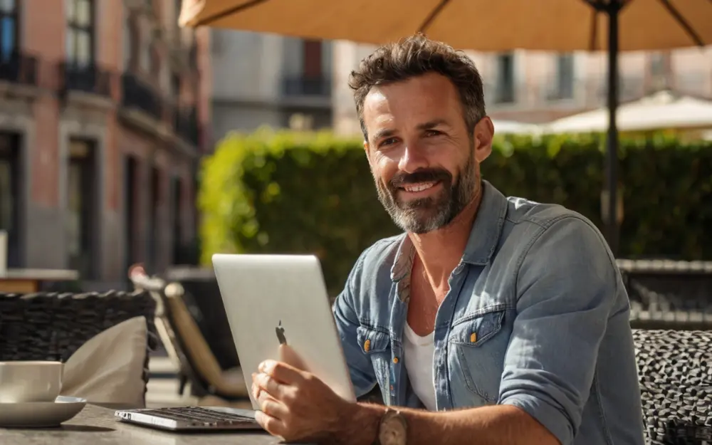 Hombre de unos 30 años trabajando con su portátil en la terraza de una cafetería en Madrid, aprovechando las ventajas de la nomad visa Spain.