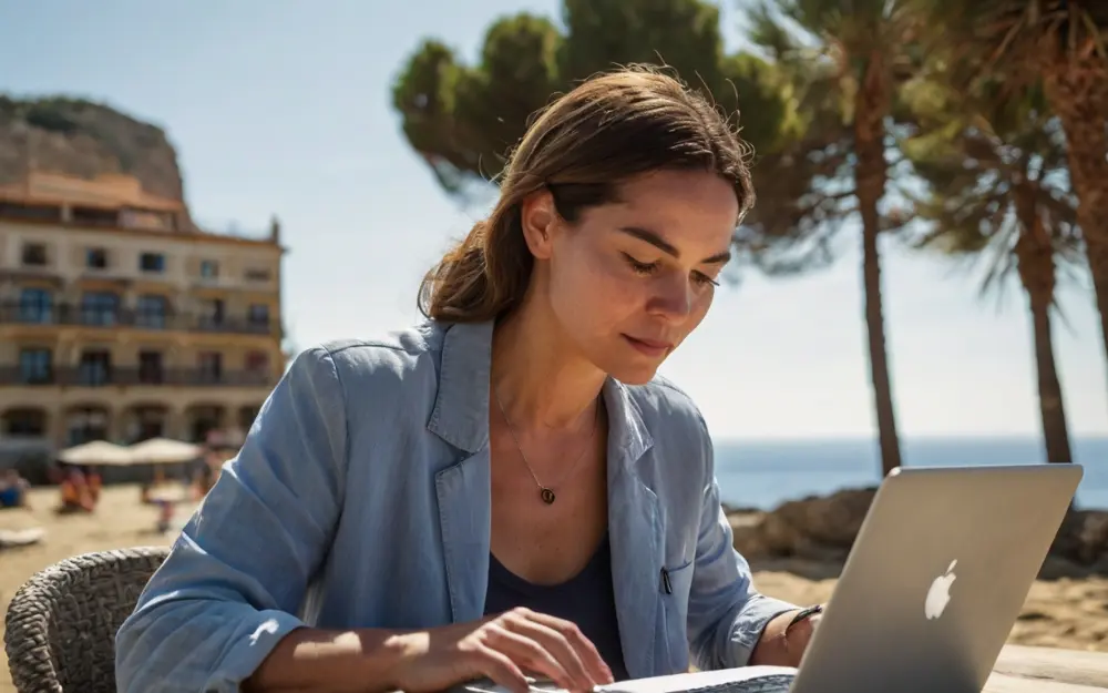 Mujer de 30 años trabajando desde una terraza en la costa del Mediterráneo, aprovechando los beneficios y requisitos de la visa nómada digital en España.