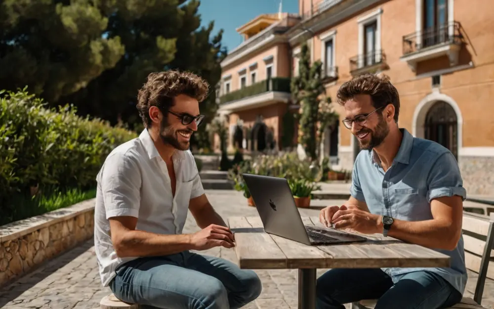 Dos profesionales del teletrabajo sentados en una terraza de Madrid, trabajando de forma remota gracias a la visa nómada digital en España.