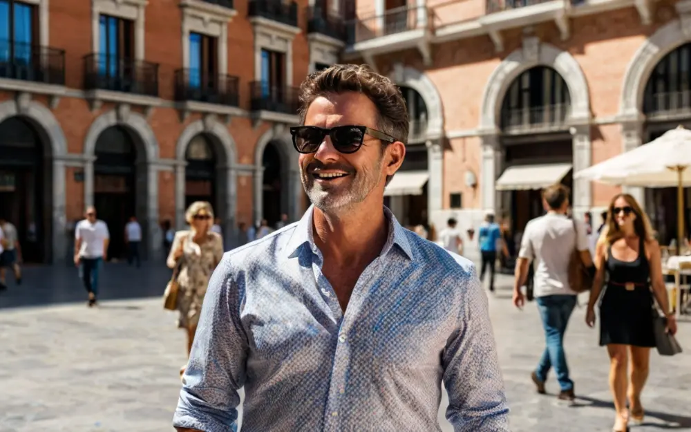 A remote worker wonders what is a digital nomad visa in Spain in a sunny day at Plaza Mayor of Madrid.