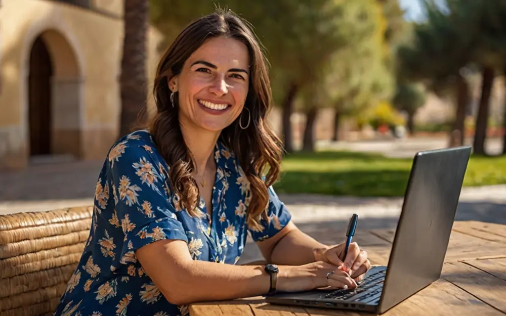 A woman with a gidital nomad visa spain working with her computer in SEO in a sunny day with good weather in Madrid.