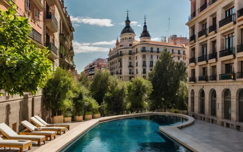 Imagen de una inversión en Real Estate en Madrid de una vivienda de lujo con piscina en medio de la ciudad.