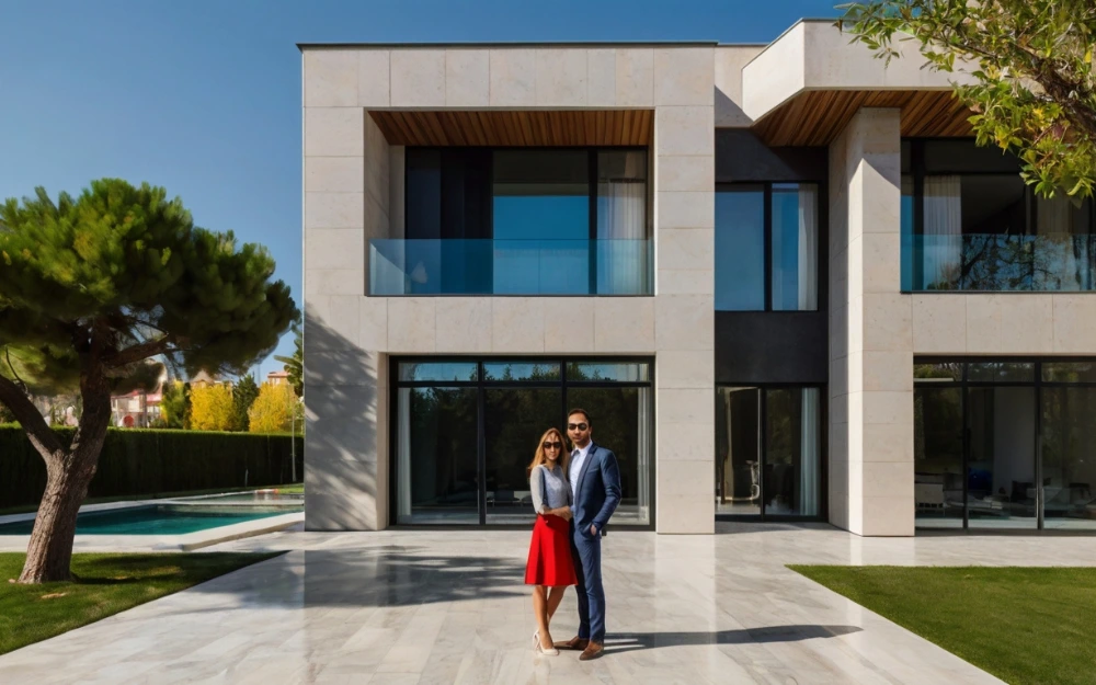 Businessman and wife in front of their newly purchased modern two-story villa with large windows, pool, and greenery in an exclusive Madrid neighborhood — buy Real Estate in Spain