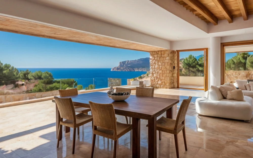 Porche de chalet de lujo en Montgó Jávea con terraza, comedor y salón con vistas al mar y la costa