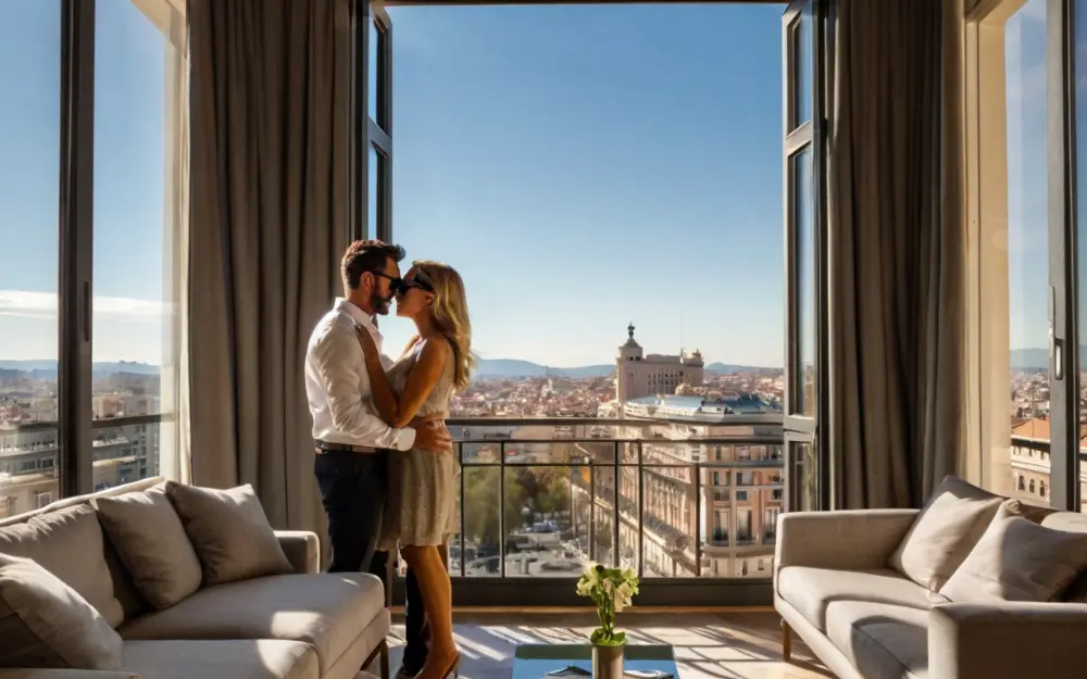 Pareja acaramelada disfrutando de su nueva adquisición tras comprar mansión en Madrid, con vistas al barrio de Salamanca.