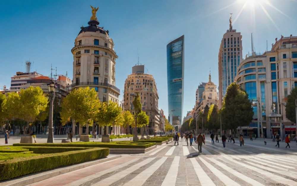 Vista del Paseo de la Castellana en Madrid en un día soleado, con edificios emblemáticos, ideal para quienes desean comprar vivienda en Madrid en una zona de lujo.