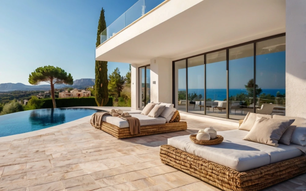 Luxury two-story white villa with infinity pool, sun loungers, and panoramic views in El Montgó, Jávea Costa Blanca on a sunny day