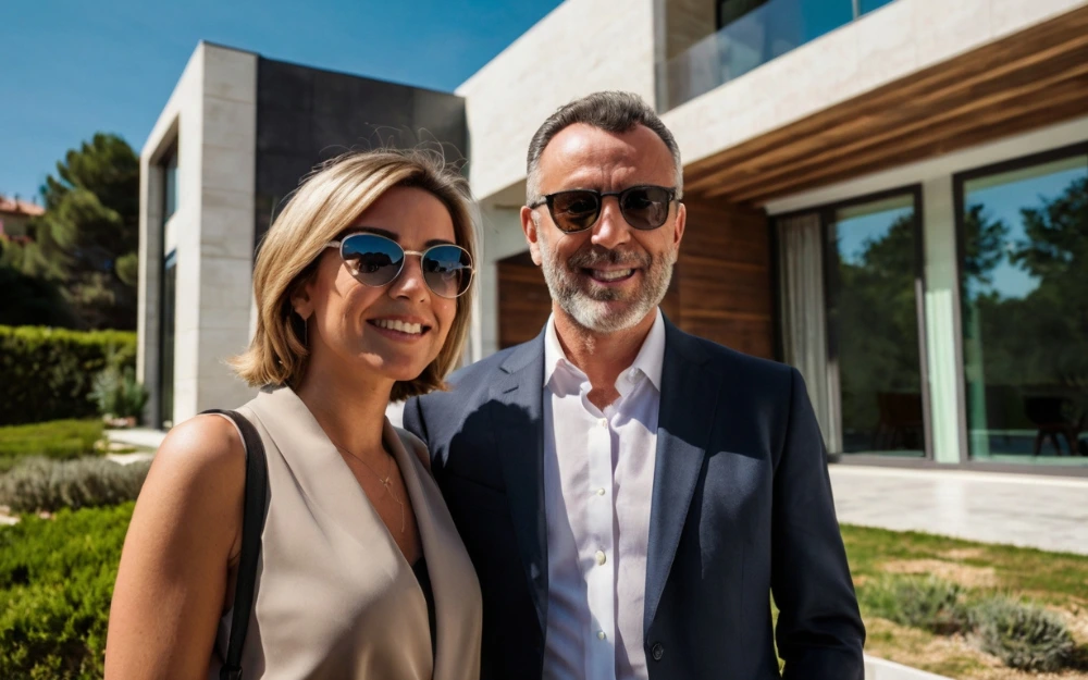 Business investors couple standing in front of a luxury villa in Spain on a sunny day, illustrating how to buy real estate in Spain.