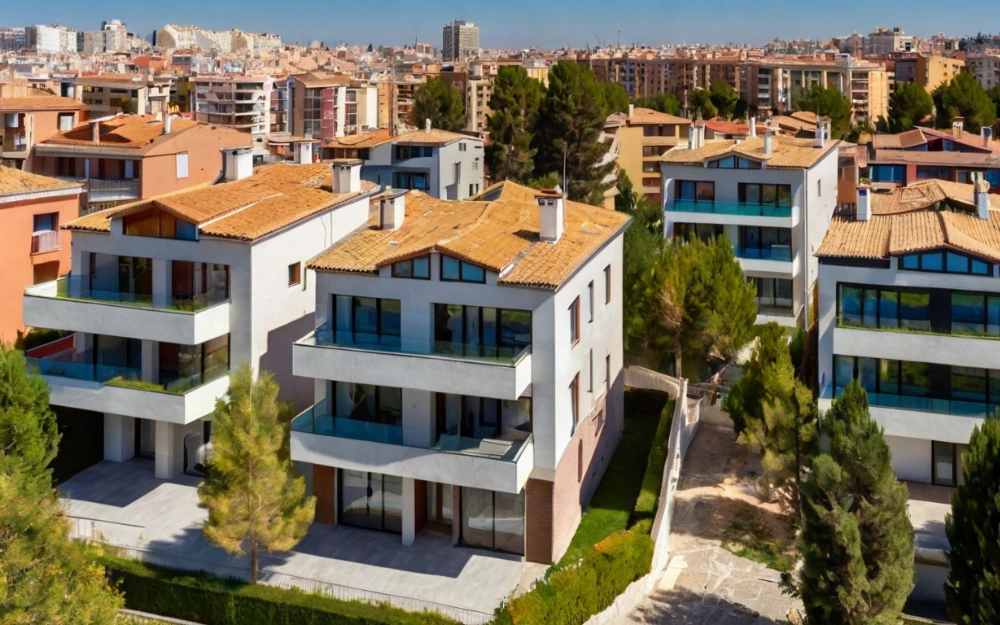 Panorámica de chalets de lujo en El Viso, Madrid, con zonas verdes en un día soleado - inversiones inmobiliarias Madrid