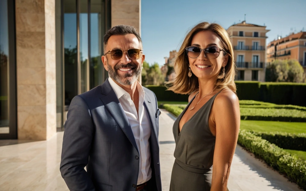 Smiling couple in their 40s, dressed elegantly, standing in front of their new luxury real estate property in Madrid. The husband is a businessman, and the wife is stylishly dressed, celebrating their new home.