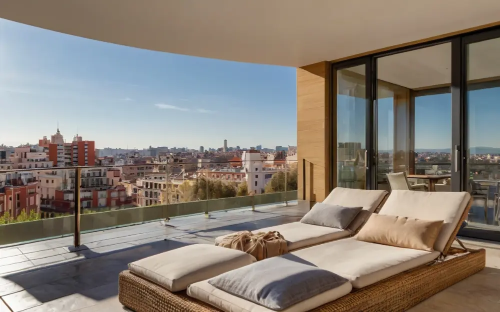 Luxury apartment in Madrid with terrace, two sun loungers, and panoramic views of Madrid city center on a sunny day.