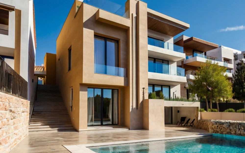 Modern two-story luxury home with private pool and garden for sale in El Viso, Madrid, near Santiago Bernabeu and Nuevos Ministerios. Exclusive real estate in a prime central location, featuring a private parking entrance and upscale neighborhood.