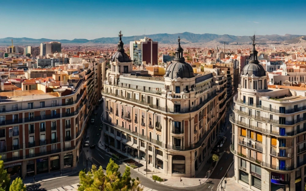 Panoramic view of classic French-style buildings in Salamanca district, luxury house for sale in Madrid, sunny day in the city center