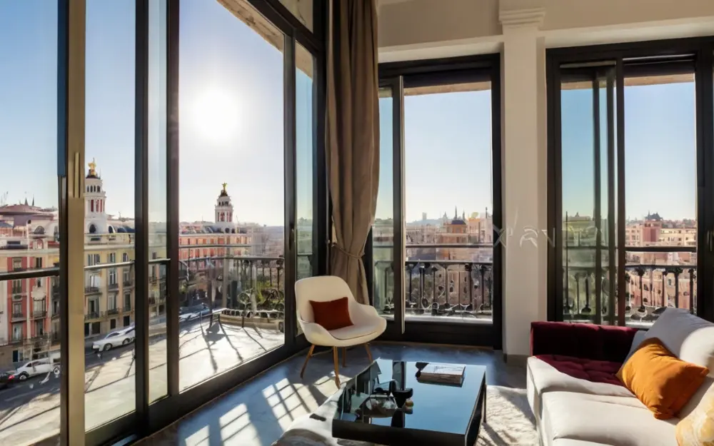 Salón moderno en propiedad de lujo en Madrid, ático con vistas al barrio de Salamanca.