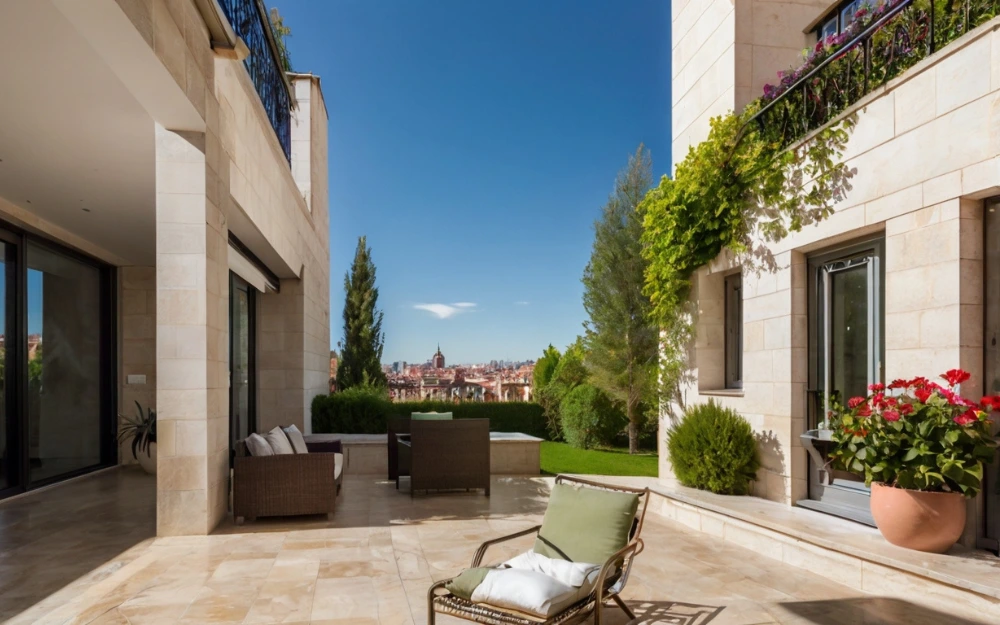 Terraza de ático de lujo en Madrid con vistas panorámicas del centro y mobiliario moderno