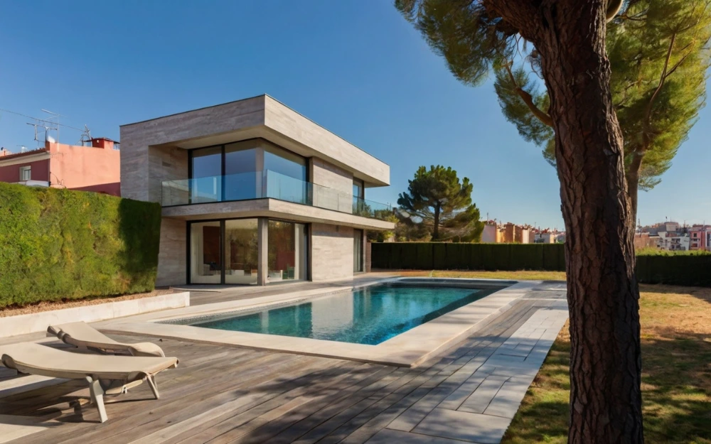 Chalet de lujo moderno con piscina y jardín en La Moraleja, Madrid en un día soleado con la pretensión de vender casa en Madrid.