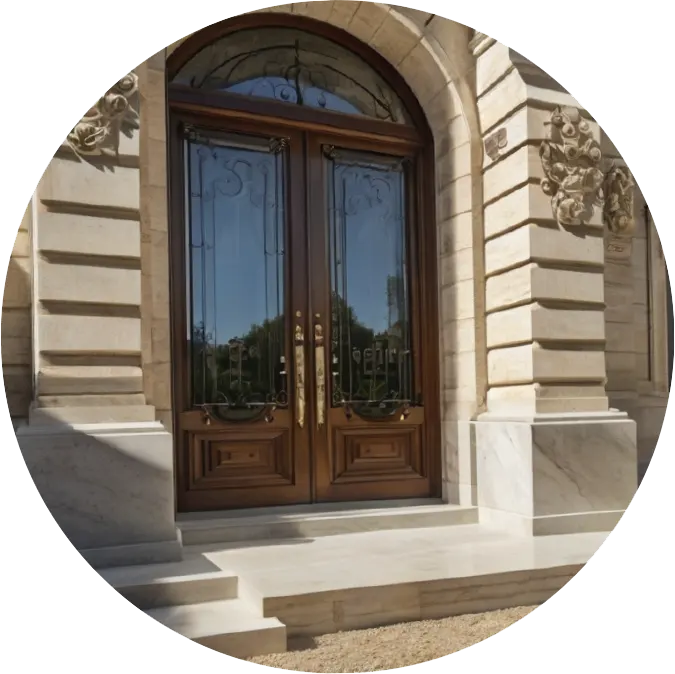 Portón de madera y cristal en un edificio típico de Madrid, afectado por la ley de vivienda y desahucios.