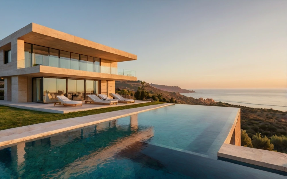 Casa de lujo de dos plantas en lo alto de una montaña con vistas al mar y al atardecer en la costa española durante el verano.