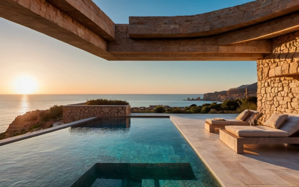 Casa de lujo en la costa española con vistas al mar durante un atardecer de verano