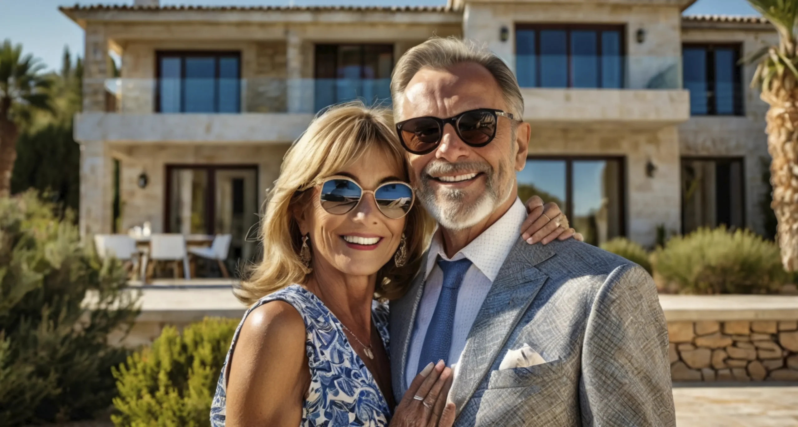 Pareja elegante de 50-60 años recuperando su chalet tras un desahucio de vivienda en España por ocupación ilegal, gestionado por Golden Partners.