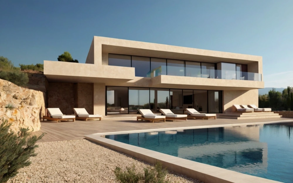 Chalet de lujo moderno con piscina privada y vistas panorámicas, diseño contemporáneo y amplios ventanales en una ubicación exclusiva en España.