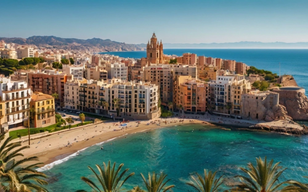 Vista panorámica de una ciudad costera en la Costa del Sol con edificios modernos junto a la playa, perfecta para la inversión en propiedades en la Costa del Sol.