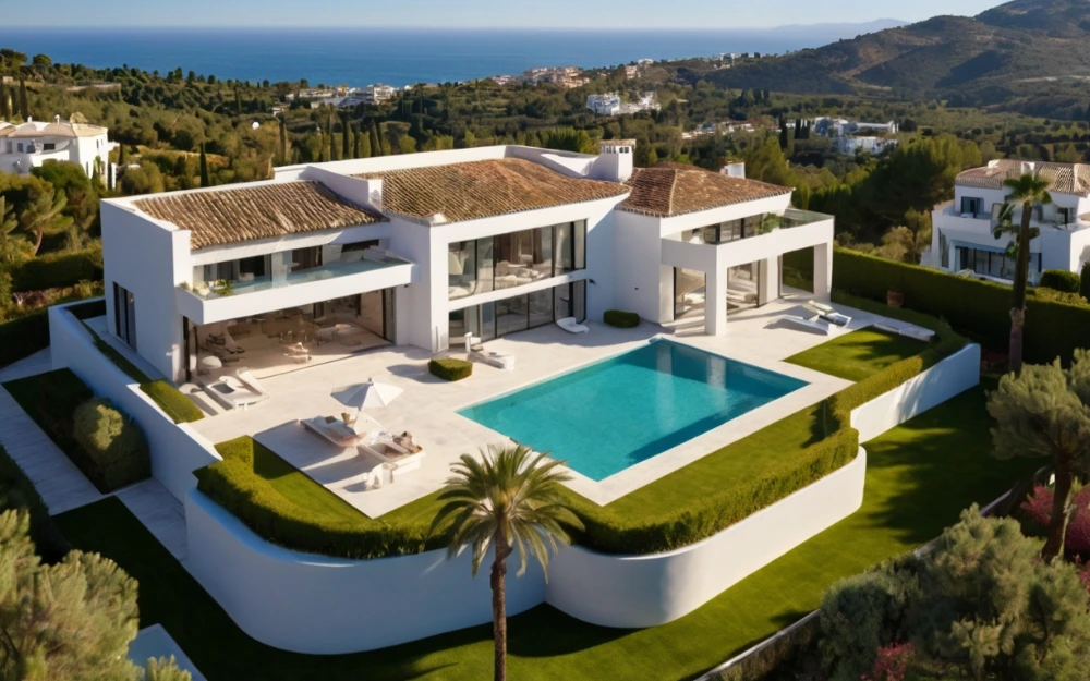 Luxury real estate in Marbella featuring a modern villa with an infinity pool, Mediterranean Sea views, and landscaped gardens.