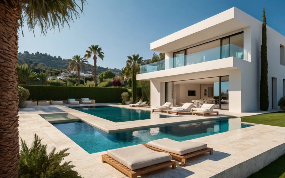 Modern luxury villa in Marbella with private pool and spacious outdoor lounge area, surrounded by lush greenery.