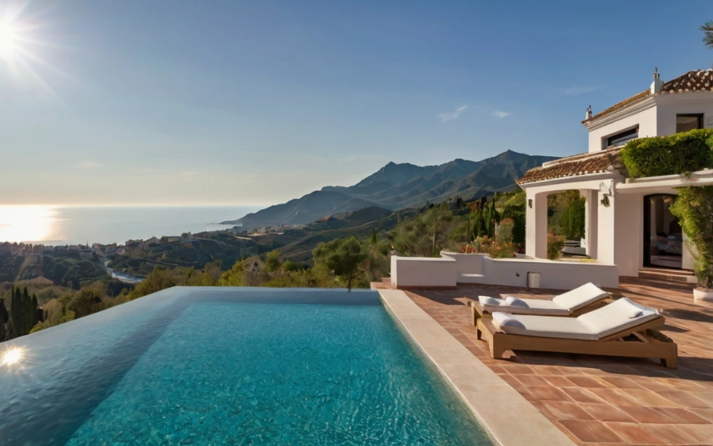 Casa de dos pisos en una de las mejores urbanizaciones en Marbella con piscina privada y vistas al mar Mediterráneo en un día soleado.