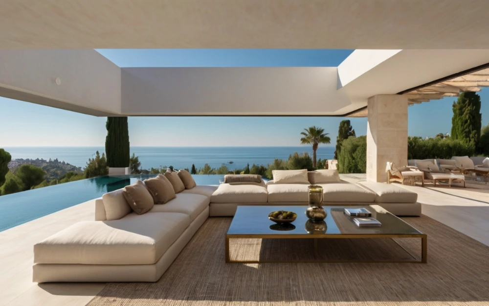 Luxury outdoor lounge area in a modern Marbella villa with an infinity pool and panoramic Mediterranean Sea views.