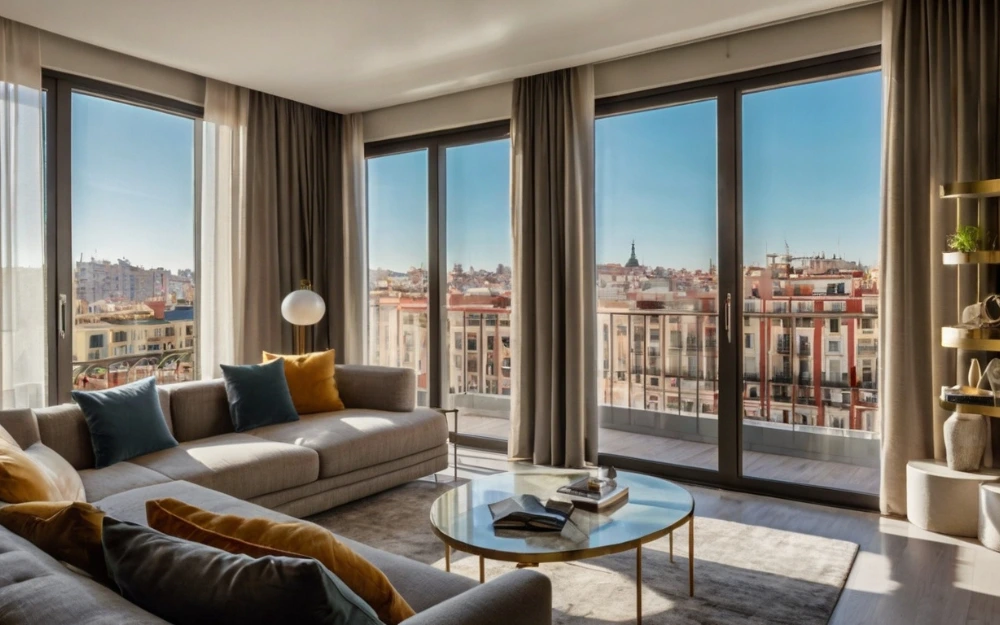 Moderno salón de un piso en Madrid centro con vistas panorámicas a la ciudad, ideal para inversores que buscan propiedades de lujo en España.