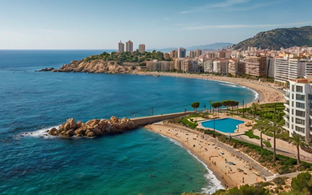 A coastal city in Spain with beachfront real estate, showcasing modern apartment buildings and scenic views, ideal for investment in Spanish real estate.