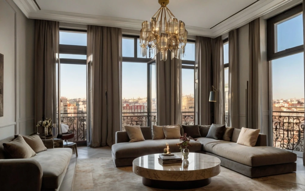 Lujoso salón de un piso en Madrid centro con elegantes acabados y vistas panorámicas a la ciudad, ideal para inversores en propiedades de alto nivel.