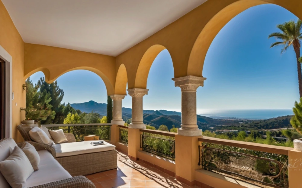 Terraza de una casa de lujo en urbanización exclusiva de Marbella con vistas al Mediterráneo, montañas y mobiliario de alta gama