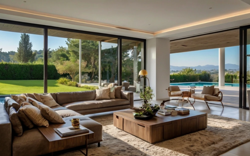 Interior moderno de villa en La Moraleja con vistas al jardín y piscina