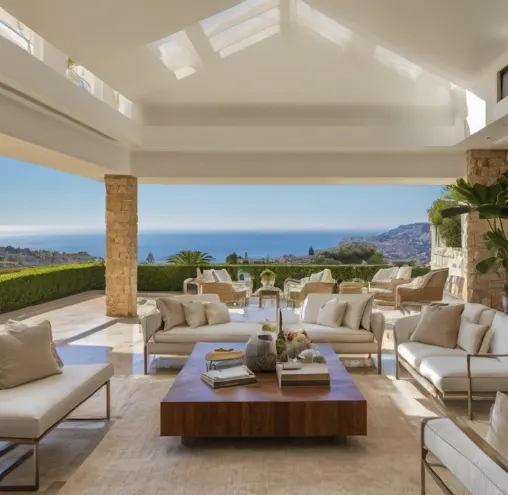 Terraza de lujo con vistas al mar en Jávea, representativa de servicios de abogado de real estate Jávea.