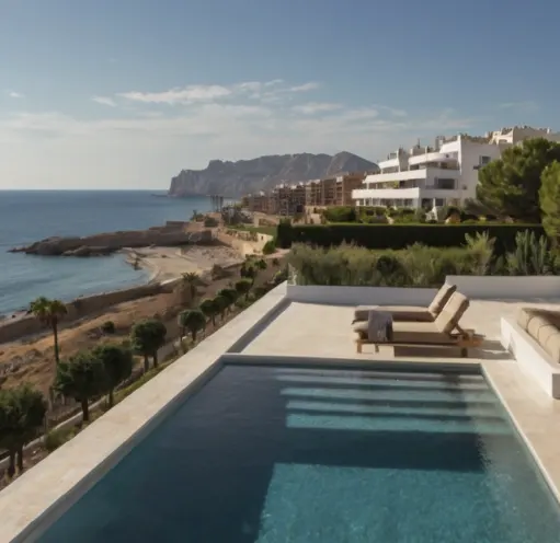 Terraza de lujo en Alicante con piscina y vistas al mar, ideal para clientes de un abogado de real estate Alicante.