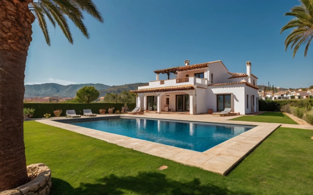 Vista de una villa en España con piscina y palmeras, ideal para comprar casa en España siendo extranjero.