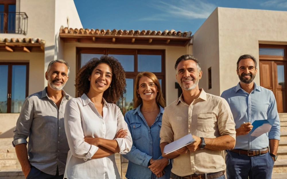 Un grupo diverso de personas frente a una casa moderna, representando a no residentes interesados en comprar casa en España.