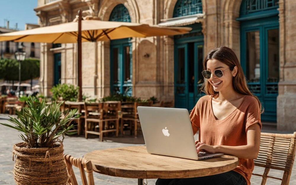 One of the digital nomads working on a laptop at an outdoor café in Spain.