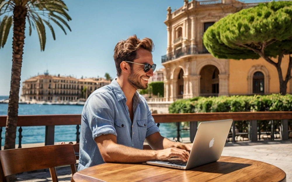 One of the digital nomads in Valencia working on a laptop at an outdoor table in a sunny Spanish plaza.