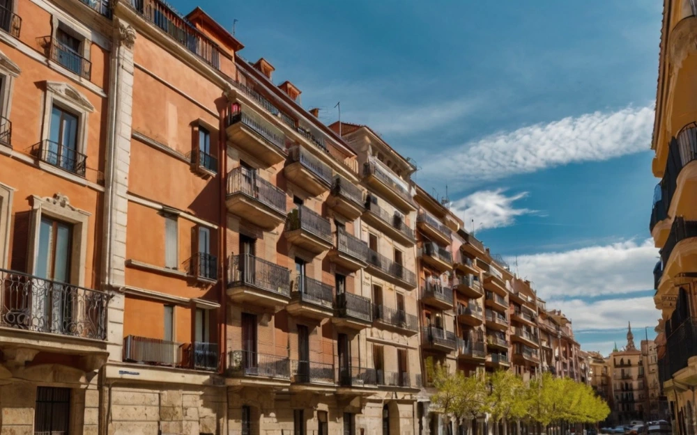 Edificios residenciales de estilo clásico en el centro de Madrid con balcones y ventanales en una calle amplia y arbolada, bajo un cielo despejado. Imagen relacionada con el precio del metro cuadrado en Madrid centro.