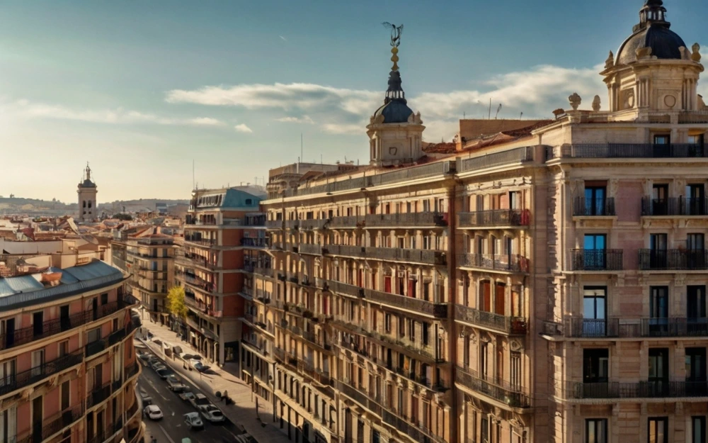 Vista aérea de edificios históricos en el centro de Madrid, con fachadas ornamentadas y una avenida transitada al atardecer. La imagen refleja la arquitectura y el ambiente urbano, vinculada al precio del metro cuadrado en Madrid.