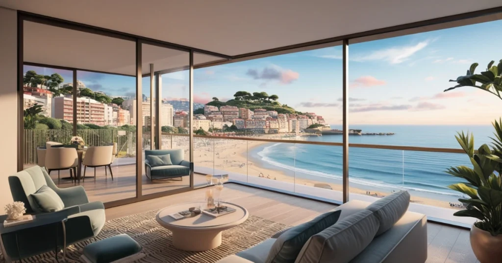 Luxurious beachfront apartment with panoramic sea views in San Sebastian, Spain real estate, showcasing modern interiors and a spacious terrace overlooking La Concha Bay.