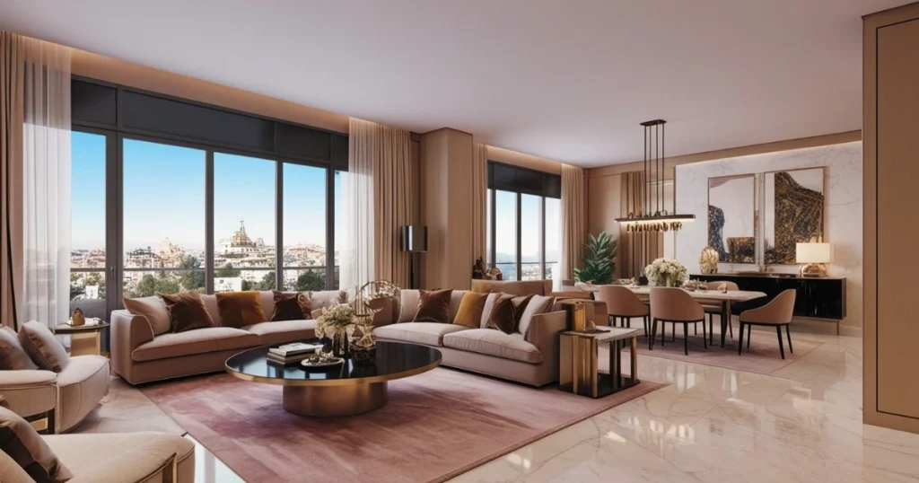 Interior de un piso de lujo en Madrid con decoración moderna, vistas panorámicas de la ciudad y diseño elegante.